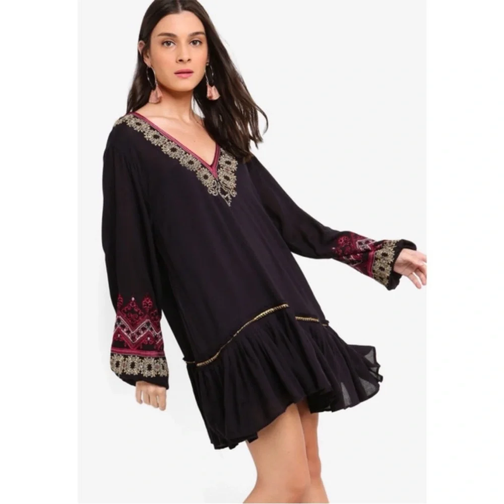 Free People Wild One Embroidered Mini Dress Long Sleeve V-Neck Black Sz XS Boho
